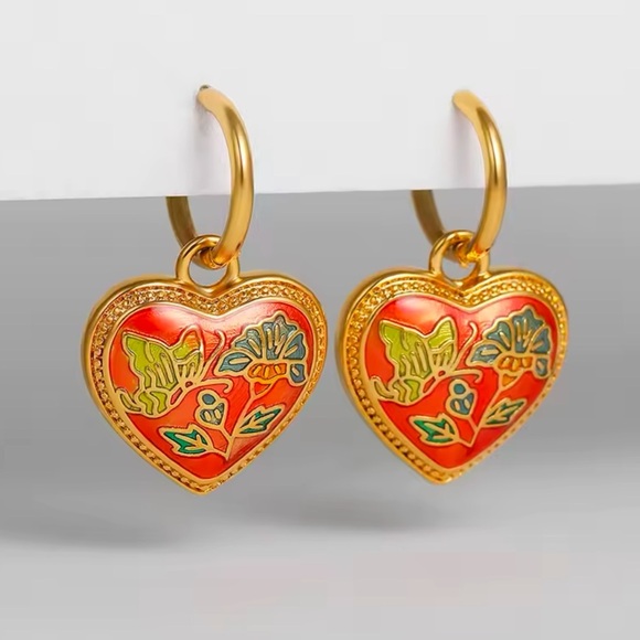 Vintage Ethnic Red Enamel 18K Gold Stainless Steel Gold Heart Earrings - Picture 5 of 8